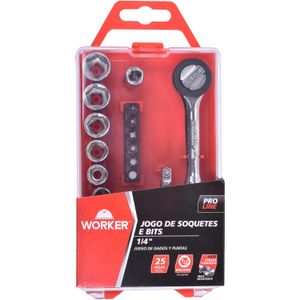 Jogo de Soquetes e Bits em Cromo Vanádio 1/4" 25 Peças Worker