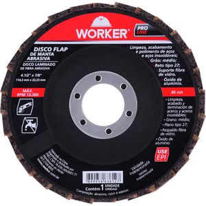 Disco Flap de Manta Abrasiva Grão 40 4.1/2"x7/8" 13300rpm Worker