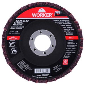 Disco Flap de Manta Abrasiva Grão 60 4.1/2"x7/8" 13300rpm Worker